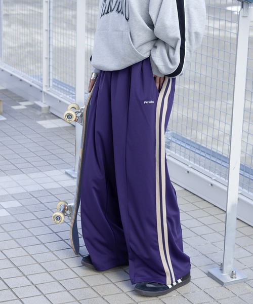 perushu ナイロントラックジャケット、ベスト、パンツ3点セット セール】ワイドルーズトラックパンツ(セットアップ着用可