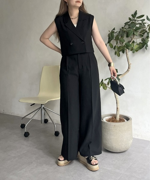 新品　 theory 22SS ウール混ロングジレ　ワイドパンツ　セットアップ セール】ショートジレ×タックワイドパンツセットアップ