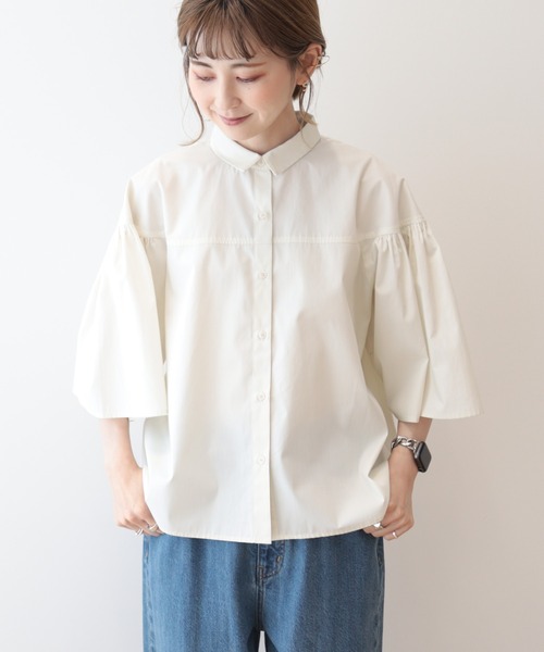 AMERICAN HOLIC（アメリカンホリック）の「イージーケア袖ギャザー5分袖シャツ（シャツ/ブラウス・レディース・ネイビー/オフホワイト/サックスブルー・M/L）」の2枚目の写真