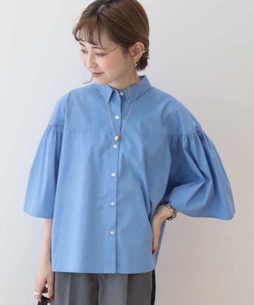 AMERICAN HOLIC（アメリカンホリック）の「イージーケア袖ギャザー5分袖シャツ（シャツ/ブラウス・レディース・ネイビー/オフホワイト/サックスブルー・M/L）」の4枚目の写真