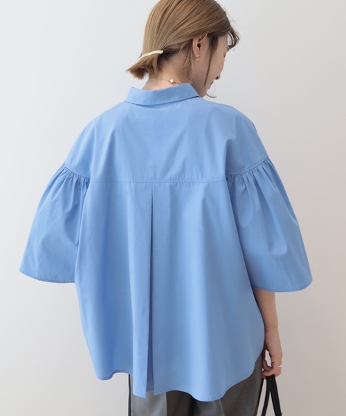 AMERICAN HOLIC（アメリカンホリック）の「イージーケア袖ギャザー5分袖シャツ（シャツ/ブラウス・レディース・ネイビー/オフホワイト/サックスブルー・M/L）」の6枚目の写真