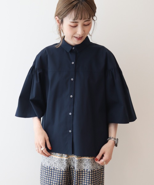 AMERICAN HOLIC（アメリカンホリック）の「イージーケア袖ギャザー5分袖シャツ（シャツ/ブラウス・レディース・ネイビー/オフホワイト/サックスブルー・M/L）」の11枚目の写真