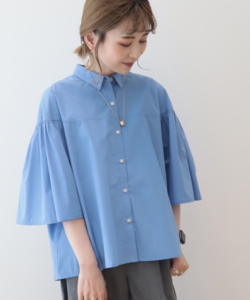 AMERICAN HOLIC（アメリカンホリック）の「イージーケア袖ギャザー5分袖シャツ（シャツ/ブラウス・レディース・ネイビー/オフホワイト/サックスブルー・M/L）」の7枚目の写真