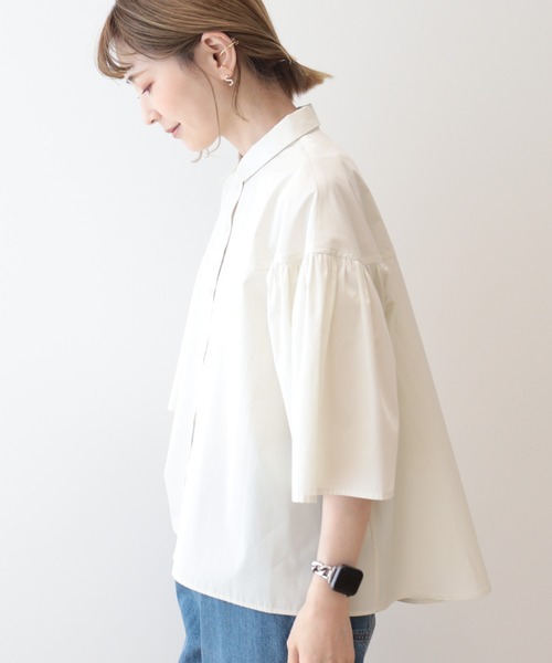 AMERICAN HOLIC（アメリカンホリック）の「イージーケア袖ギャザー5分袖シャツ（シャツ/ブラウス・レディース・ネイビー/オフホワイト/サックスブルー・M/L）」の9枚目の写真