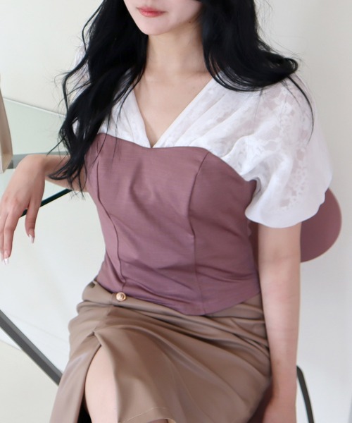 ROYAL PARTY(ロイヤルパーティー)の「ビスチェ切替ドッキングトップス(Tシャツ/カットソー・レディース・ベージュ/ピンク/ブラック・FREE)」の1枚目の写真