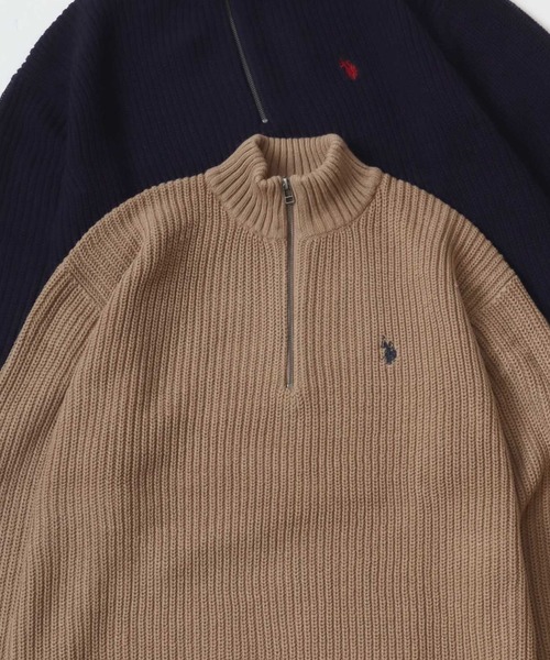 U.S. POLO ASSN.（ユーエスポロアッスン）の「U.S. POLO ASSN./ユーエスポロアッスン オーバーサイズ ニット ロゴ ワンポイント刺繍 畦編み ハーフジップ セーター/レディース メンズ（ニット/セーター・メンズ・ブラック/アイボリー/ベージュ/ネイビー/グリーン・M/L/LL）」の3枚目の写真