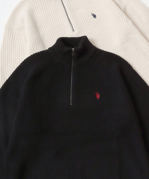 U.S. POLO ASSN.（ユーエスポロアッスン）の「U.S. POLO ASSN./ユーエスポロアッスン オーバーサイズ ニット ロゴ ワンポイント刺繍 畦編み ハーフジップ セーター/レディース メンズ（ニット/セーター・メンズ・ブラック/アイボリー/ベージュ/ネイビー/グリーン・M/L/LL）」の2枚目の写真
