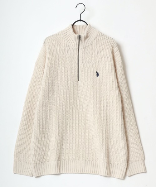 U.S. POLO ASSN.（ユーエスポロアッスン）の「U.S. POLO ASSN./ユーエスポロアッスン オーバーサイズ ニット ロゴ ワンポイント刺繍 畦編み ハーフジップ セーター/レディース メンズ（ニット/セーター・メンズ・ブラック/アイボリー/ベージュ/ネイビー/グリーン・M/L/LL）」の9枚目の写真