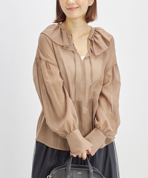 ブラウス シャツ 「手洗い可能」フリルカラー シアー ソリッド ブラウス レディース セール】 〈手洗い可能〉フリルカラー シアー ソリッド ブラウス