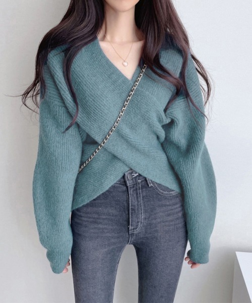 Miniministore(ミニミニストア)の「カシュクール ニットトップス レディース(ニット/セーター・レディース・アイボリー/モカ/ブルー/ブラック/グレー/ベージュ/ダークベージュ・フリー)」の1枚目の写真