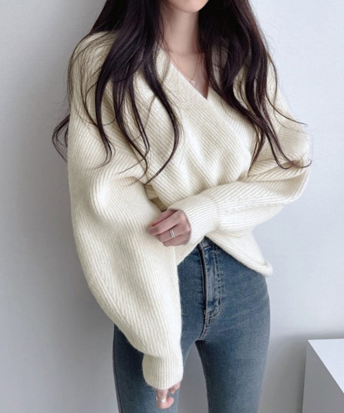Miniministore(ミニミニストア)の「カシュクール ニットトップス レディース(ニット/セーター・レディース・アイボリー/モカ/ブルー/ブラック/グレー/ベージュ/ダークベージュ・フリー)」の2枚目の写真