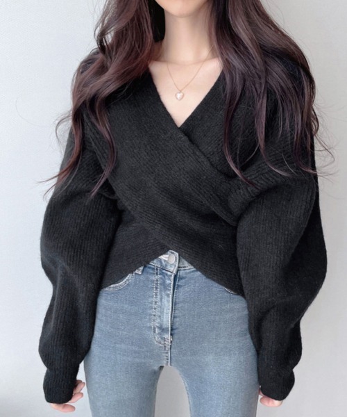 Miniministore(ミニミニストア)の「カシュクール ニットトップス レディース(ニット/セーター・レディース・アイボリー/モカ/ブルー/ブラック/グレー/ベージュ/ダークベージュ・フリー)」の3枚目の写真