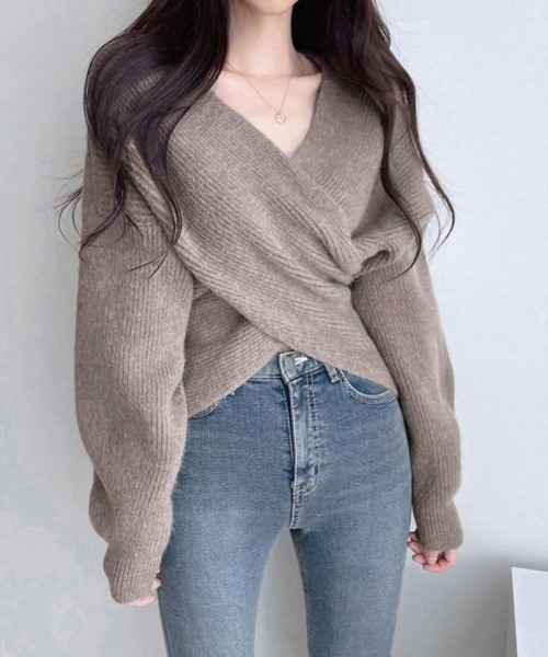 Miniministore(ミニミニストア)の「カシュクール ニットトップス レディース(ニット/セーター・レディース・アイボリー/モカ/ブルー/ブラック/グレー/ベージュ/ダークベージュ・フリー)」の5枚目の写真