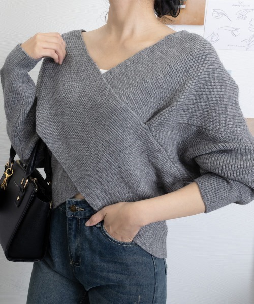 Miniministore(ミニミニストア)の「カシュクール ニットトップス レディース(ニット/セーター・レディース・アイボリー/モカ/ブルー/ブラック/グレー/ベージュ/ダークベージュ・フリー)」の8枚目の写真