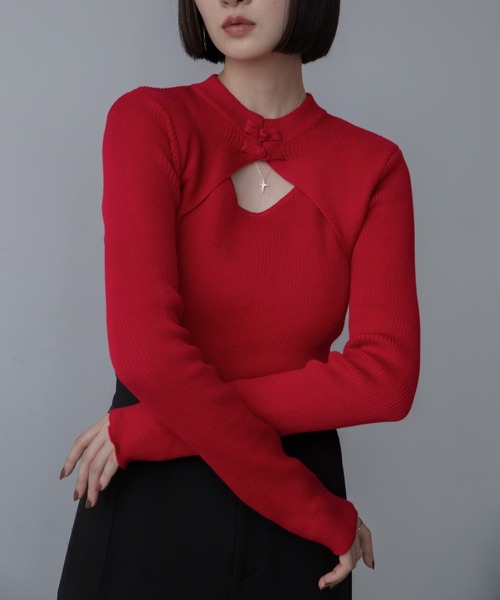 VACANCY(ヴァカンシー)の「チャイナボタンリブニット/新色追加/復刻カラー再販(Tシャツ/カットソー・レディース・ブルー/アイボリー/ブラック/ブラウン/レッド/パープル・FREE)」の6枚目の写真