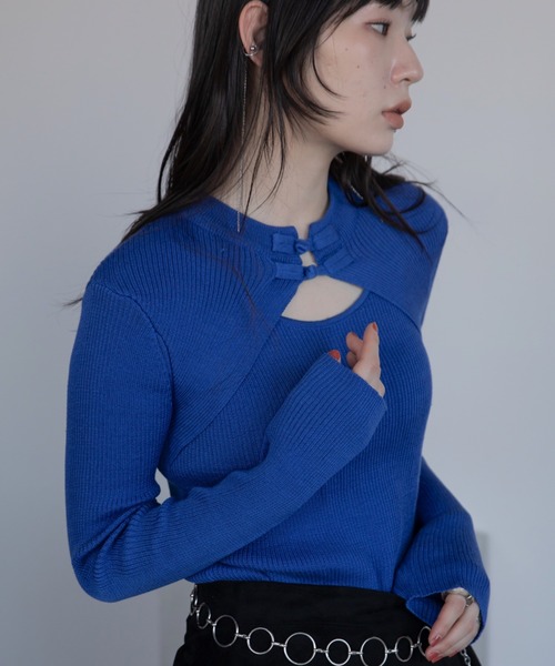 VACANCY(ヴァカンシー)の「チャイナボタンリブニット/新色追加/復刻カラー再販(Tシャツ/カットソー・レディース・ブルー/アイボリー/ブラック/ブラウン/レッド/パープル・FREE)」の5枚目の写真