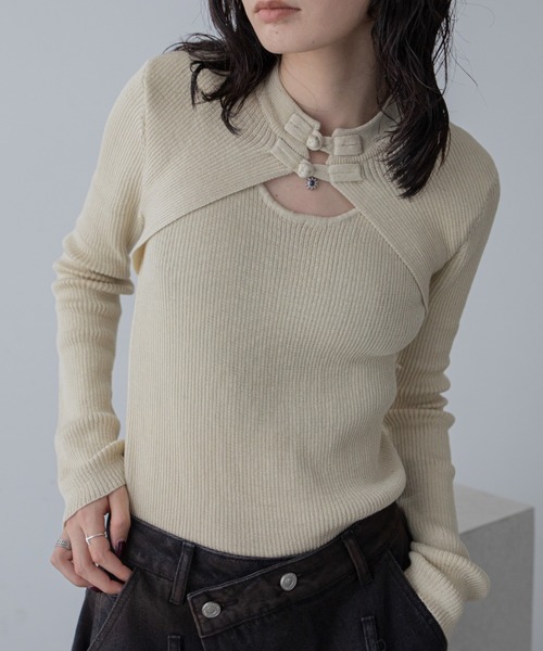 VACANCY(ヴァカンシー)の「チャイナボタンリブニット/新色追加/復刻カラー再販(Tシャツ/カットソー・レディース・ブルー/アイボリー/ブラック/ブラウン/レッド/パープル・FREE)」の8枚目の写真