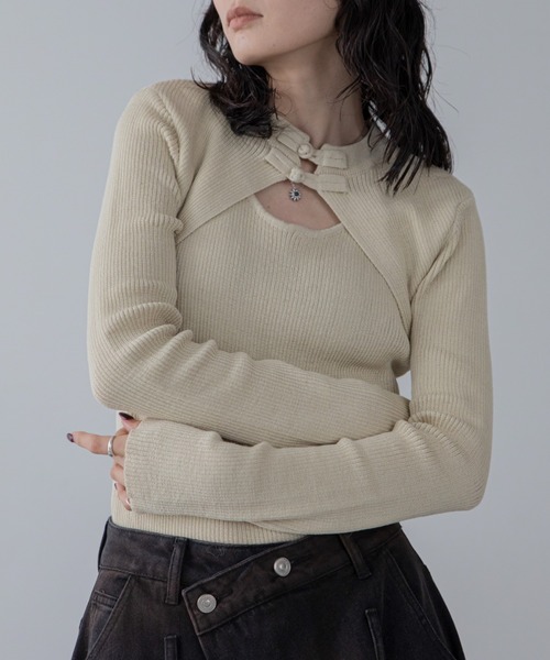 VACANCY(ヴァカンシー)の「チャイナボタンリブニット/新色追加/復刻カラー再販(Tシャツ/カットソー・レディース・ブルー/アイボリー/ブラック/ブラウン/レッド/パープル・FREE)」の9枚目の写真