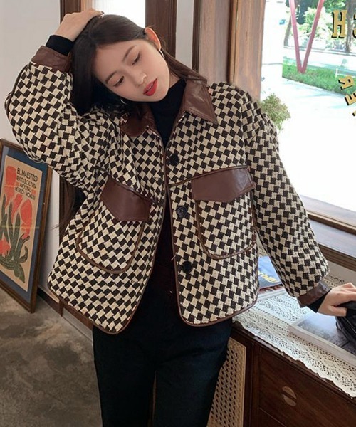 Miniministore(ミニミニストア)の「格子柄ジャケット韓国風ショート丈アウター(ブルゾン・レディース・ブラック/ブラウン・L/M)」の2枚目の写真