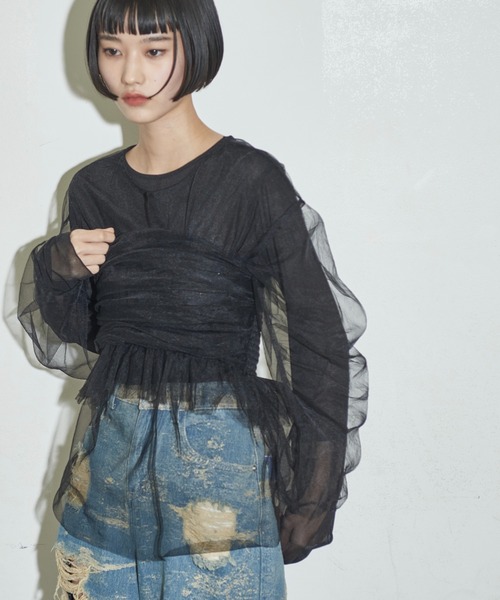 THE YOn（ザヨン）の「ビスチェセットフォルムスリーブチュールシアートップス（シャツ/ブラウス・レディース・ブラック/ベージュ/オレンジ・FREE）」の15枚目の写真