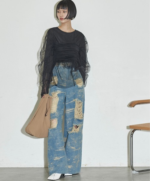 THE YOn（ザヨン）の「ビスチェセットフォルムスリーブチュールシアートップス（シャツ/ブラウス・レディース・ブラック/ベージュ/オレンジ・FREE）」の22枚目の写真