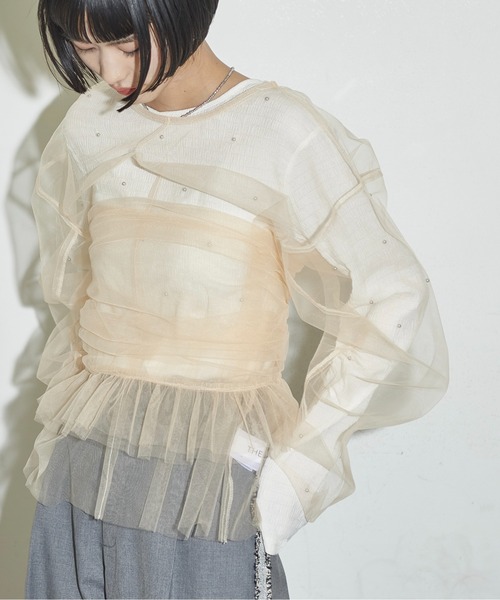 THE YOn（ザヨン）の「ビスチェセットフォルムスリーブチュールシアートップス（シャツ/ブラウス・レディース・ブラック/ベージュ/オレンジ・FREE）」の6枚目の写真