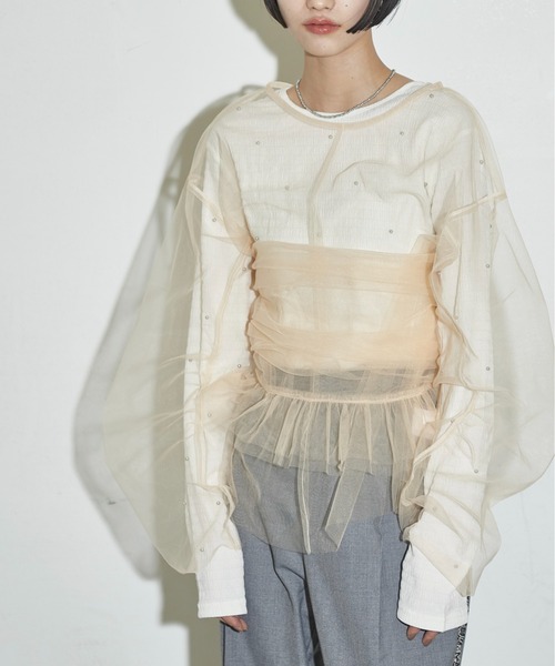 THE YOn（ザヨン）の「ビスチェセットフォルムスリーブチュールシアートップス（シャツ/ブラウス・レディース・ブラック/ベージュ/オレンジ・FREE）」の8枚目の写真