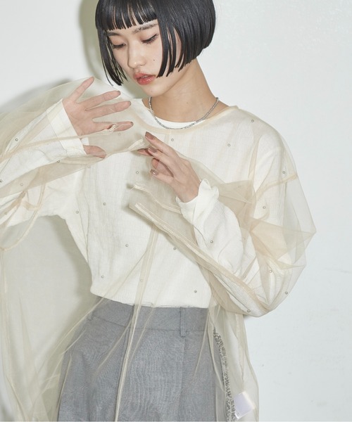 THE YOn（ザヨン）の「ビスチェセットフォルムスリーブチュールシアートップス（シャツ/ブラウス・レディース・ブラック/ベージュ/オレンジ・FREE）」の9枚目の写真