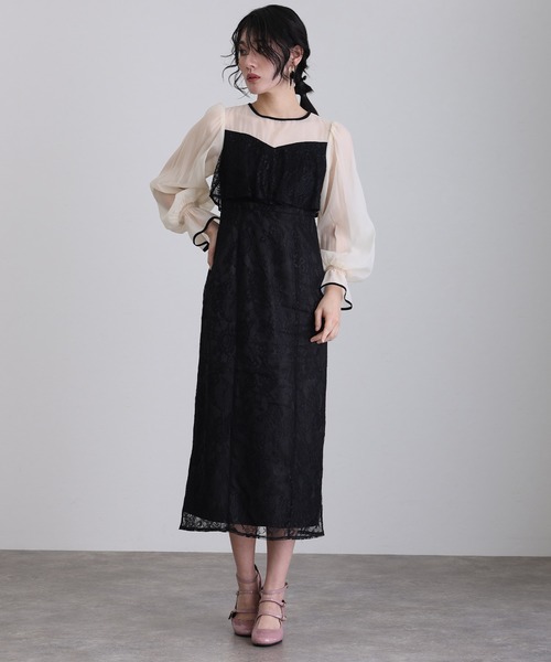 atlo(アトロ)の「ロング&袖あり フォーマル 異素材ミックスセレモニー 結婚式 パーティー ドレス オケージョンドレス お呼ばれ ビスチェ 二次会 成人式 同窓会 謝恩会 20代 30代(ドレス・レディース・アッシュブラウン/ネイビー系/ブラック/ホワイト系その他・M)」の2枚目の写真