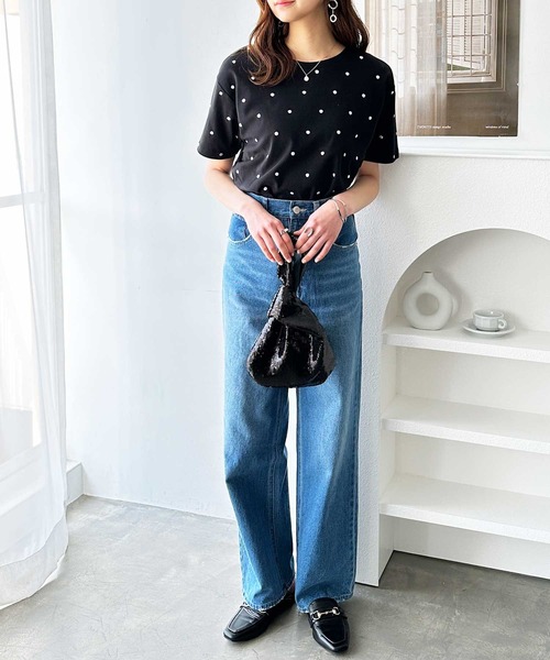 GeeRA(ジーラ)の「綿100%ドット刺繍シルケットTシャツ(Tシャツ/カットソー・レディース・オフホワイト/ブラック・MEDIUM/LARGE)」の10枚目の写真