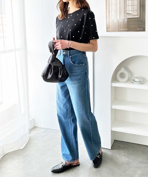 GeeRA(ジーラ)の「綿100%ドット刺繍シルケットTシャツ(Tシャツ/カットソー・レディース・オフホワイト/ブラック・MEDIUM/LARGE)」の11枚目の写真