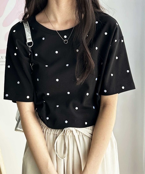 セール】綿100％ドット刺繍シルケットTシャツ（Tシャツ