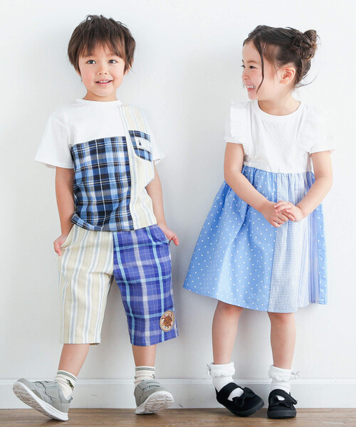 SLAP SLIP（スラップスリップ）の「肩フリルストライプチェックドット切り替えスカートワンピース(80~140cm)（ワンピース・キッズ・ブルー系その他/ブラック系その他・110cm/120cm/140cm/130cm/90cm/100cm/80ｃｍ）」の3枚目の写真
