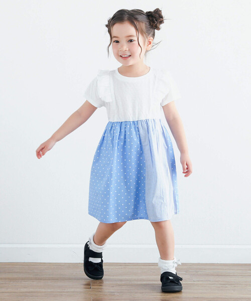 SLAP SLIP（スラップスリップ）の「肩フリルストライプチェックドット切り替えスカートワンピース(80~140cm)（ワンピース・キッズ・ブルー系その他/ブラック系その他・110cm/120cm/140cm/130cm/90cm/100cm/80ｃｍ）」の6枚目の写真