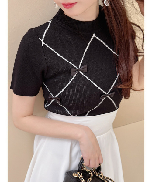 MIIA（ミーア）の「ダイヤ柄リボンニット（ニット/セーター）」 - WEAR