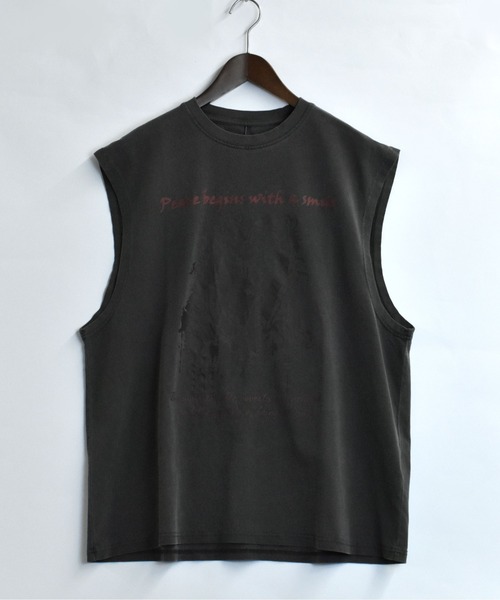 ヴィンテージライクノースリーブシャツ セール】ヴィンテージライク ノースリーブ プリントTシャツ【IR