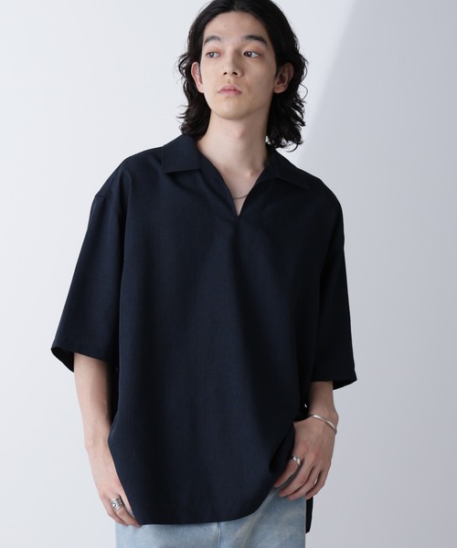 セール】テックリネンプルオーバーシャツ半袖(セットアップ可)（シャツ 