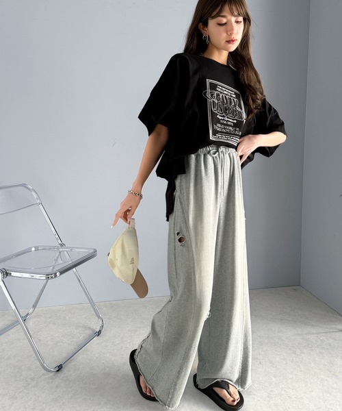 classicalelf（クラシカルエルフ）の「個性派の1本。ヴィンテージ＆ダメージ加工ワイドシルエット裏毛スウェットパンツ（スウェットパンツ・レディース・ブラック/グレー・LARGE/MEDIUM/SMALL/X-LARGE）」の8枚目の写真