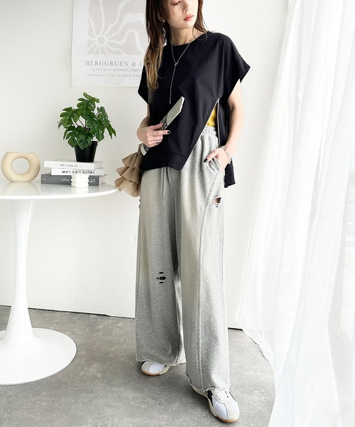 classicalelf（クラシカルエルフ）の「個性派の1本。ヴィンテージ＆ダメージ加工ワイドシルエット裏毛スウェットパンツ（スウェットパンツ・レディース・ブラック/グレー・LARGE/MEDIUM/SMALL/X-LARGE）」の15枚目の写真