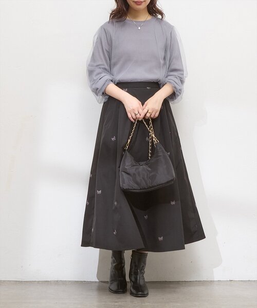 natural couture(ナチュラルクチュール)の「リボン刺繍タックフレアスカート(スカート・レディース・ブラック/アイボリー/グリーン・FREE)」の12枚目の写真