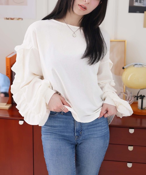 Girly Doll(ガーリードール)の「ボリュームフリルカットソー(Tシャツ/カットソー・レディース・オフホワイト/チャコール・F)」の7枚目の写真