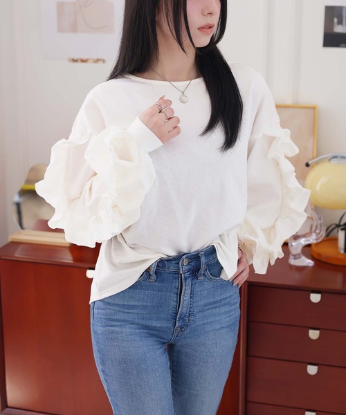 Girly Doll(ガーリードール)の「ボリュームフリルカットソー(Tシャツ/カットソー・レディース・オフホワイト/チャコール・F)」の8枚目の写真