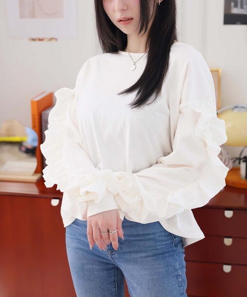Girly Doll(ガーリードール)の「ボリュームフリルカットソー(Tシャツ/カットソー・レディース・オフホワイト/チャコール・F)」の9枚目の写真