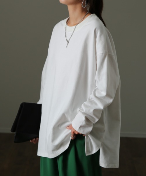 HUG.U（ハグユー）の「桃生地。オーバーロンT（Tシャツ/カットソー・レディース・ダークグレー/ホワイト/モスグリーン/コーラルピンク/チョコ/ブラック・FREE）」の2枚目の写真