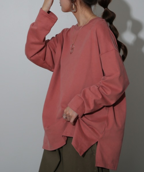 HUG.U（ハグユー）の「桃生地。オーバーロンT（Tシャツ/カットソー・レディース・ダークグレー/ホワイト/モスグリーン/コーラルピンク/チョコ/ブラック・FREE）」の6枚目の写真