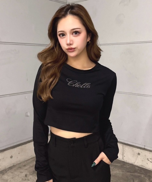 INTER FACTORY（インターファクトリー）の「樽井みか. - ラインストーンクロップドロンT　made in INTERFACTORY（Tシャツ/カットソー・レディース・ブラック/グレー・FREE）」の2枚目の写真