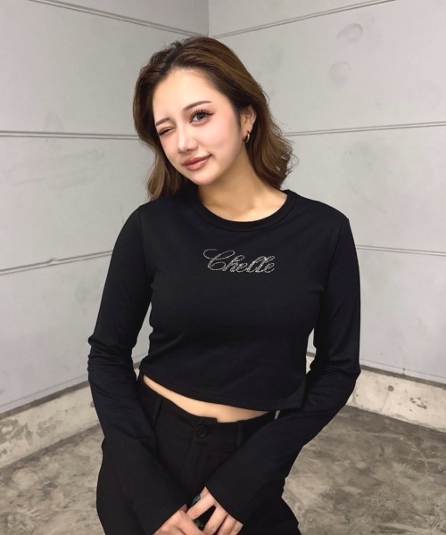INTER FACTORY（インターファクトリー）の「樽井みか. - ラインストーンクロップドロンT　made in INTERFACTORY（Tシャツ/カットソー・レディース・ブラック/グレー・FREE）」の4枚目の写真