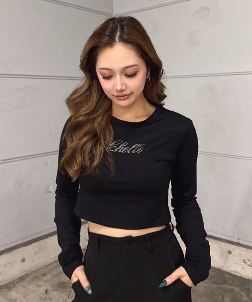 INTER FACTORY（インターファクトリー）の「樽井みか. - ラインストーンクロップドロンT　made in INTERFACTORY（Tシャツ/カットソー・レディース・ブラック/グレー・FREE）」の3枚目の写真