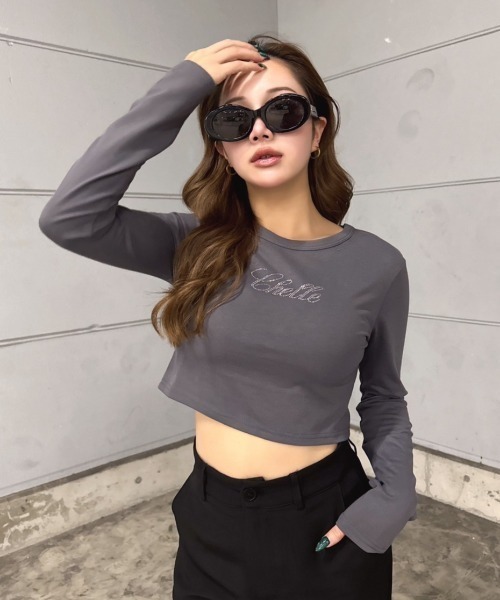 INTER FACTORY（インターファクトリー）の「樽井みか. - ラインストーンクロップドロンT　made in INTERFACTORY（Tシャツ/カットソー・レディース・ブラック/グレー・FREE）」の8枚目の写真