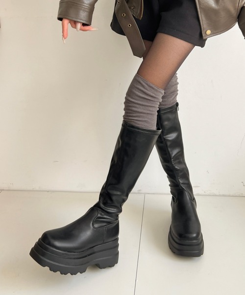 セール】厚底トリプルソール ストレッチ フィット ロング ブーツ 2895